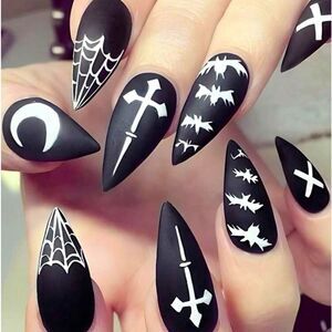 Dark Goth Alchemy Halloween 24 Piece Black Moon Bat Spider Almond Mayte Nails